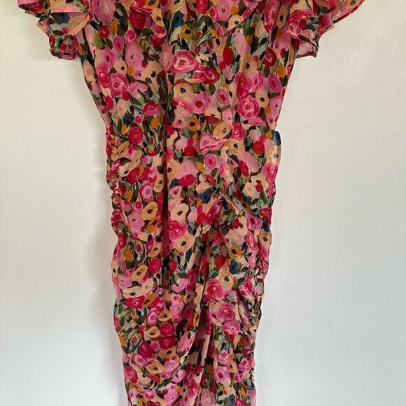 Astr the Label Vilma Floral Ruched Ruffle Detail Asymmetrical Hem Midi Dress - Picture 7 of 16